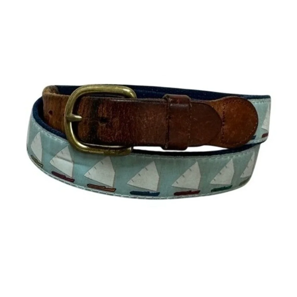 Vintage Sailboat Embroidered Canvas Leather Belt Solid Brass Buckle Brown Navy